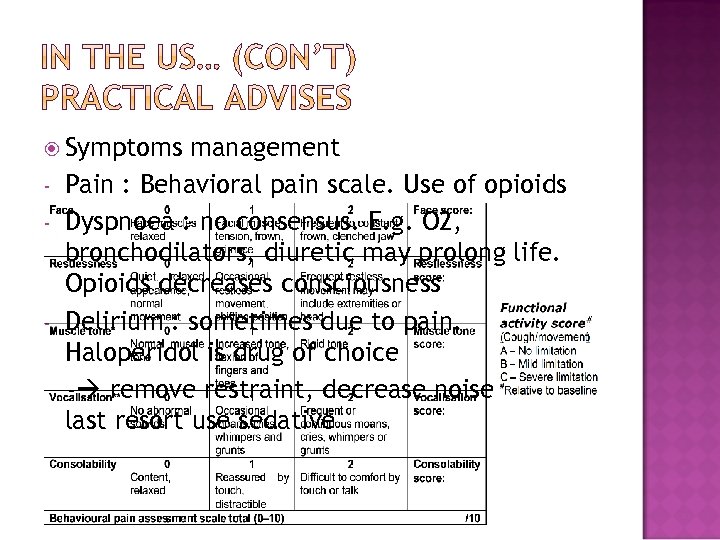  Symptoms - - management Pain : Behavioral pain scale. Use of opioids Dyspnoea