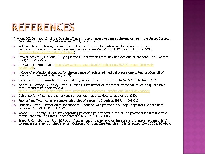 1) Angus DC, Barnato AE, Linde-Zwirble WT et al. Use of intensive care at