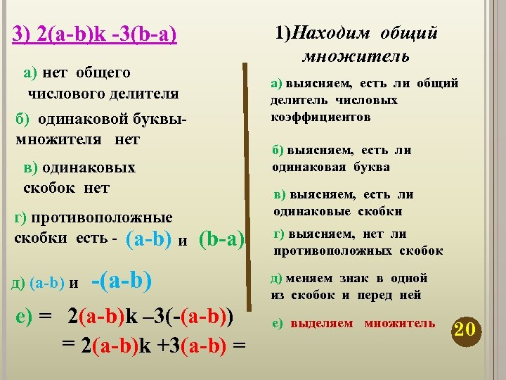 1)Находим общий множитель 3) 2(а-b)k -3(b-a) а) нет общего числового делителя а) выясняем, есть