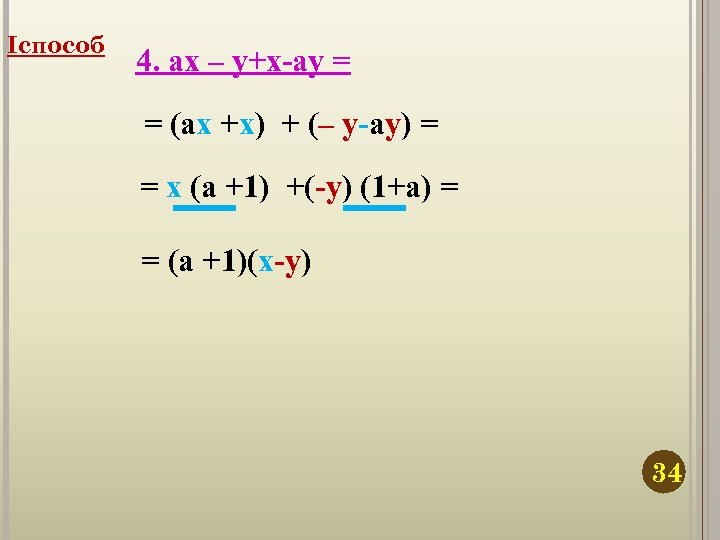 Iспособ 4. ax – y+x-ay = = (ax +x) + (– y-ay) = =