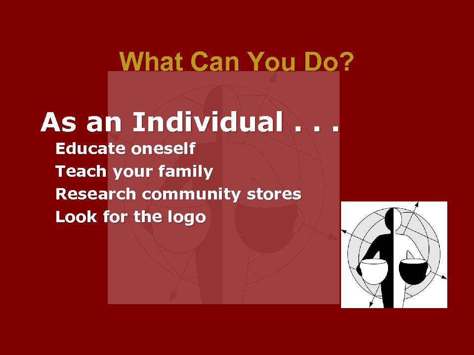 What Can You Do? As an Individual. . . Educate oneself Teach your family