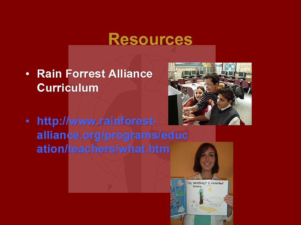 Resources • Rain Forrest Alliance Curriculum • http: //www. rainforestalliance. org/programs/educ ation/teachers/what. html 