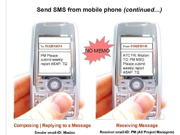 Send SMS from mobile phone (continued…) To: 0122812474 Johan, Chong Submit your weekly report