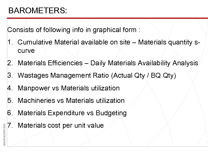BAROMETERS: Consists of following info in graphical form : 1. Cumulative Material available on