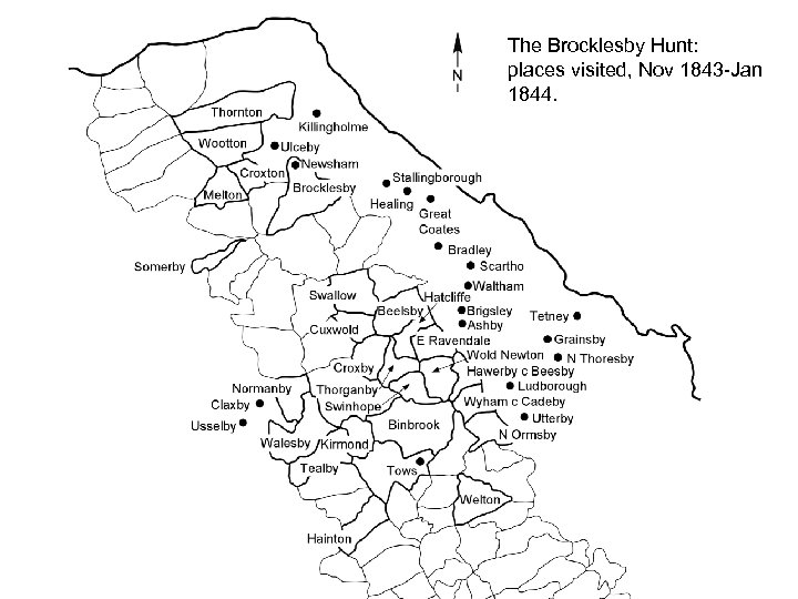 The Brocklesby Hunt: places visited, Nov 1843 -Jan 1844. 