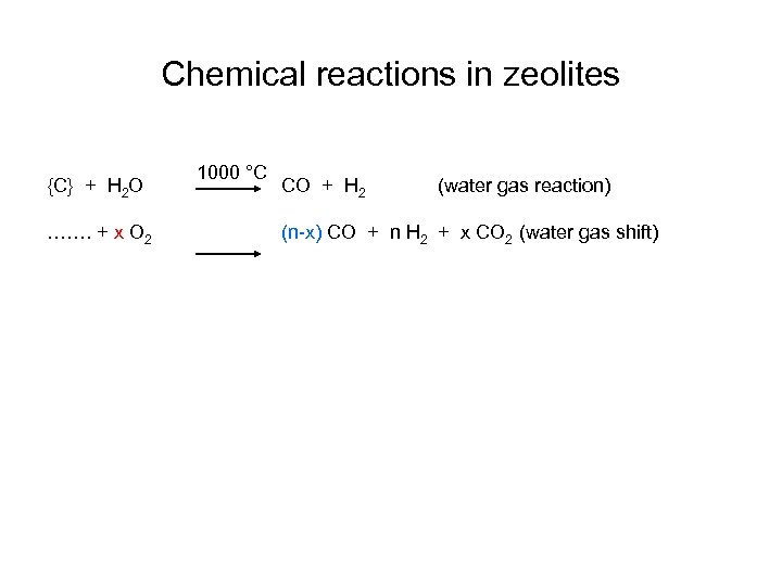 Chemical reactions in zeolites {C} + H 2 O ……. + x O 2