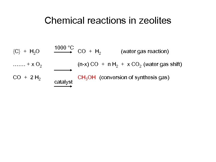 Chemical reactions in zeolites {C} + H 2 O 1000 °C CO + H