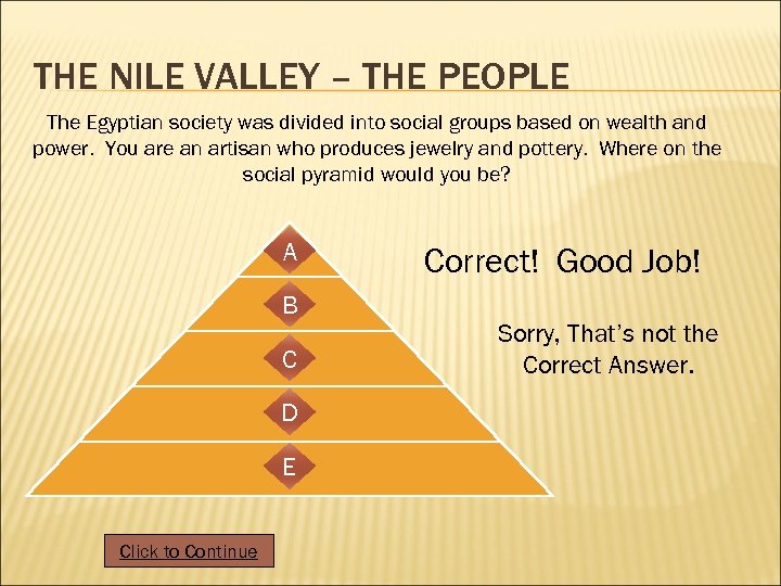 THE NILE VALLEY – THE PEOPLE The Egyptian society was divided into social groups