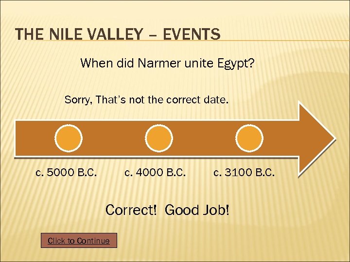 THE NILE VALLEY – EVENTS When did Narmer unite Egypt? Sorry, That’s not the