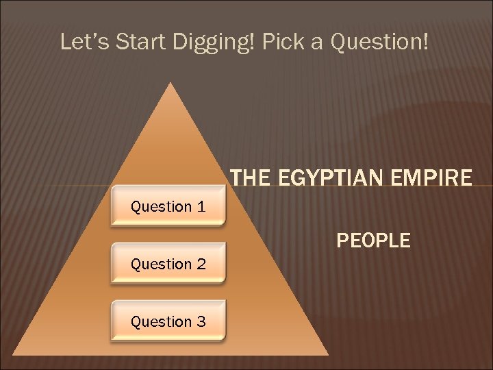 Let’s Start Digging! Pick a Question! THE EGYPTIAN EMPIRE Question 1 PEOPLE Question 2