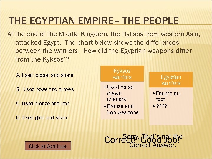 THE EGYPTIAN EMPIRE– THE PEOPLE At the end of the Middle Kingdom, the Hyksos