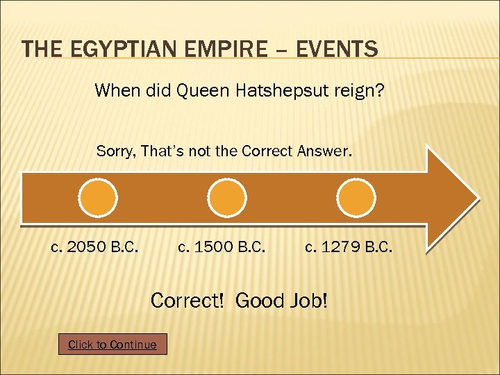 THE EGYPTIAN EMPIRE – EVENTS When did Queen Hatshepsut reign? Sorry, That’s not the