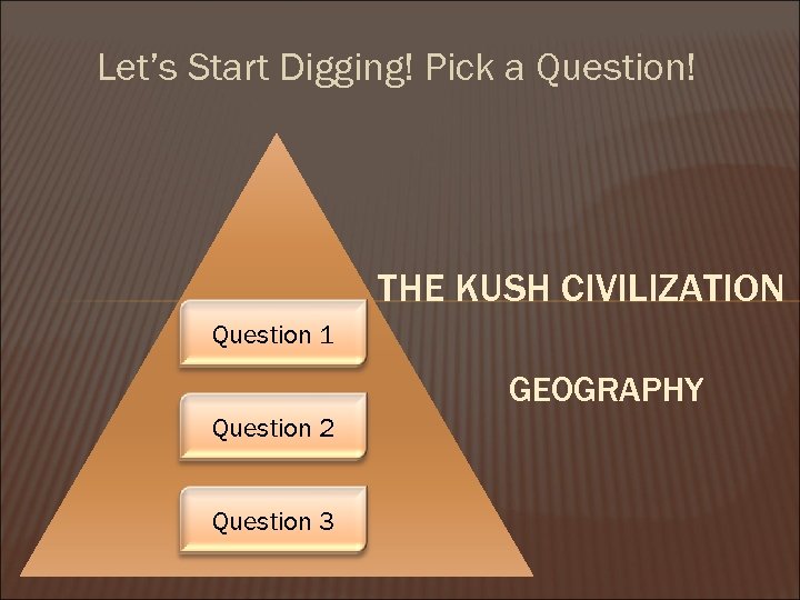 Let’s Start Digging! Pick a Question! THE KUSH CIVILIZATION Question 1 GEOGRAPHY Question 2