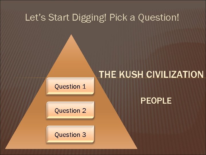 Let’s Start Digging! Pick a Question! THE KUSH CIVILIZATION Question 1 PEOPLE Question 2