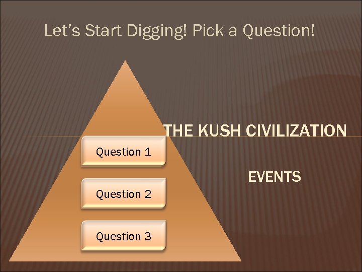 Let’s Start Digging! Pick a Question! THE KUSH CIVILIZATION Question 1 EVENTS Question 2