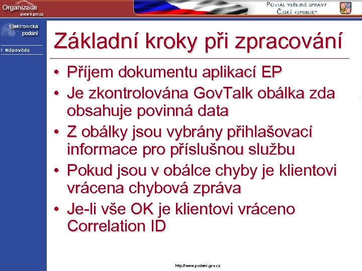 Základní kroky při zpracování • Příjem dokumentu aplikací EP • Je zkontrolována Gov. Talk