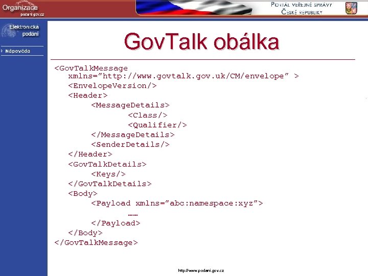 Gov. Talk obálka <Gov. Talk. Message xmlns=”http: //www. govtalk. gov. uk/CM/envelope” > <Envelope. Version/>