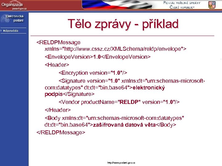 Tělo zprávy - příklad <RELDPMessage xmlns="http: //www. cssz. cz/XMLSchema/reldp/envelope"> <Envelope. Version>1. 0</Envelope. Version> <Header>