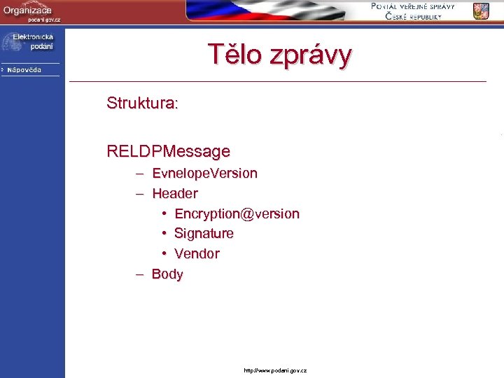 Tělo zprávy Struktura: RELDPMessage – Evnelope. Version – Header • Encryption@version • Signature •