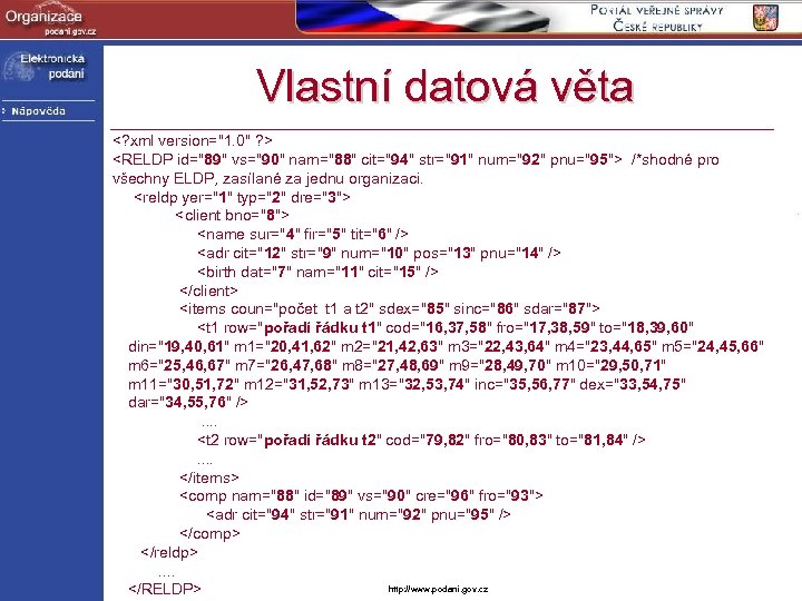 Vlastní datová věta <? xml version="1. 0" ? > <RELDP id="89" vs="90" nam="88" cit="94"