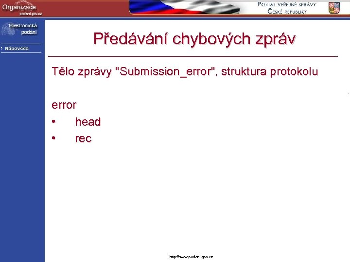 Předávání chybových zpráv Tělo zprávy "Submission_error", struktura protokolu error • head • rec http: