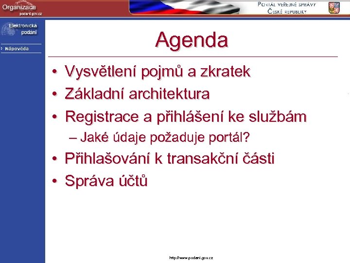 Agenda • • • Vysvětlení pojmů a zkratek Základní architektura Registrace a přihlášení ke