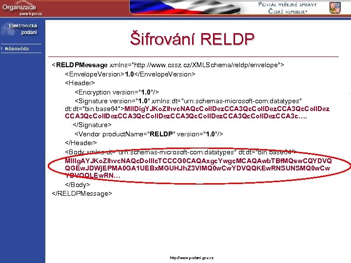 Šifrování RELDP <RELDPMessage xmlns="http: //www. cssz. cz/XMLSchema/reldp/envelope"> <Envelope. Version>1. 0</Envelope. Version> <Header> <Encryption version="1.