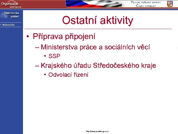 Ostatní aktivity • Příprava připojení – Ministerstva práce a sociálních věcí • SSP –