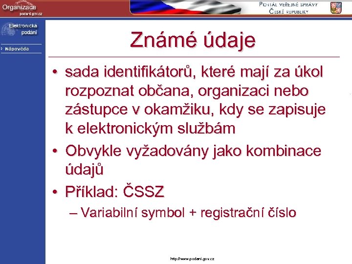 Známé údaje • sada identifikátorů, které mají za úkol rozpoznat občana, organizaci nebo zástupce