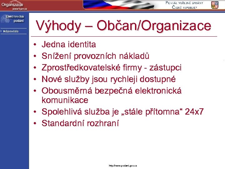 Výhody – Občan/Organizace • • • Jedna identita Snížení provozních nákladů Zprostředkovatelské firmy -