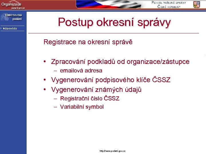 Postup okresní správy Registrace na okresní správě • Zpracování podkladů od organizace/zástupce – emailová