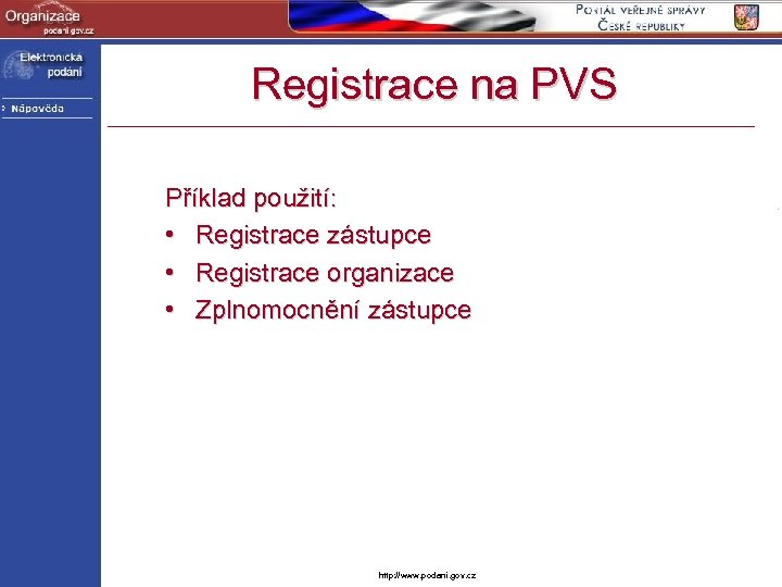 Registrace na PVS Příklad použití: • Registrace zástupce • Registrace organizace • Zplnomocnění zástupce