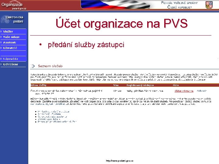 Účet organizace na PVS • předání služby zástupci http: //www. podani. gov. cz 