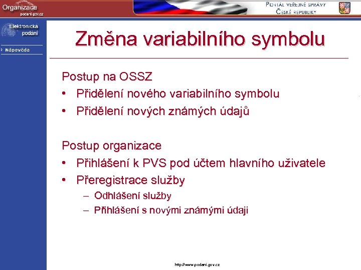 Změna variabilního symbolu Postup na OSSZ • Přidělení nového variabilního symbolu • Přidělení nových