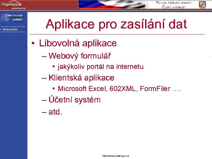 Aplikace pro zasílání dat • Libovolná aplikace – Webový formulář • jakýkoliv portál na