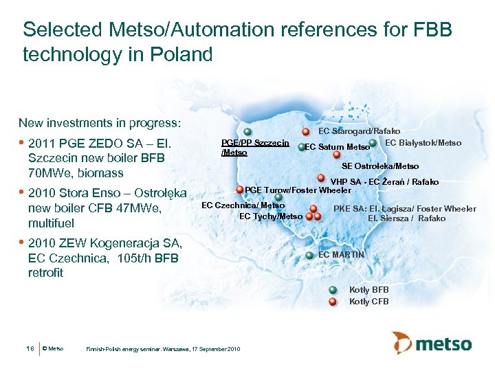 Selected Metso/Automation references for FBB technology in Poland New investments in progress: • 2011