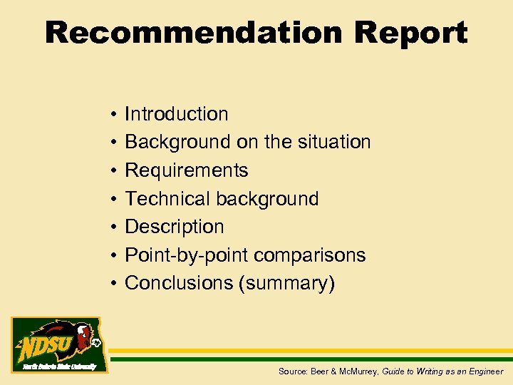 Recommendation Report • • Introduction Background on the situation Requirements Technical background Description Point-by-point