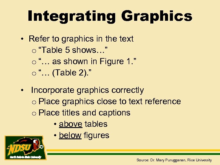 Integrating Graphics • Refer to graphics in the text o “Table 5 shows…” o