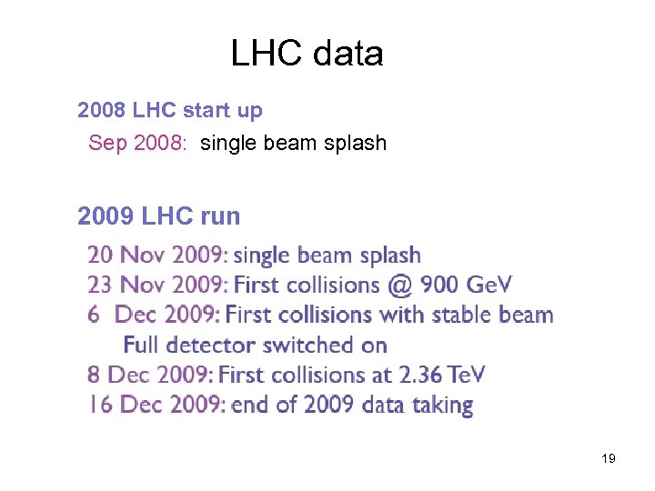 LHC data 2008 LHC start up Sep 2008: single beam splash 2009 LHC run