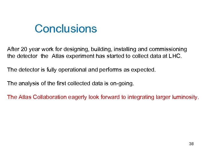 Conclusions After 20 year work for designing, building, installing and commissioning the detector the