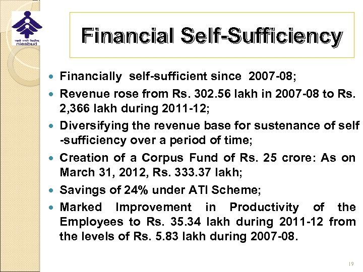 Financial Self-Sufficiency Financially self-sufficient since 2007 -08; Revenue rose from Rs. 302. 56 lakh