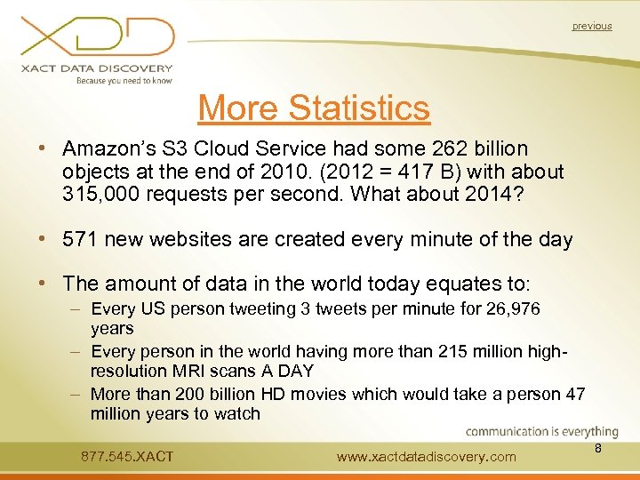 previous More Statistics • Amazon’s S 3 Cloud Service had some 262 billion objects