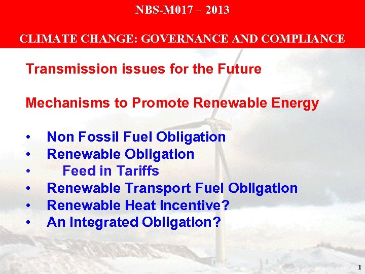 NBS-M 017 – 2013 CLIMATE CHANGE: GOVERNANCE AND COMPLIANCE Transmission issues for the Future