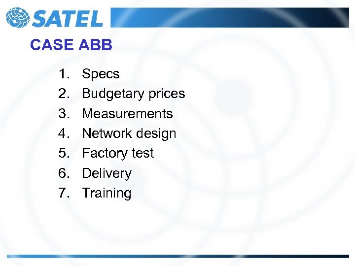 CASE ABB 1. 2. 3. 4. 5. 6. 7. Specs Budgetary prices Measurements Network