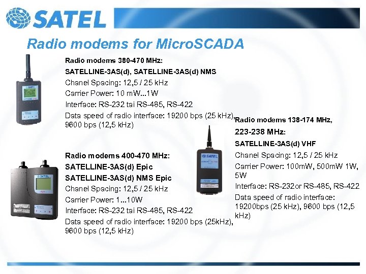 Radio modems for Micro. SCADA Radio modems 380 -470 MHz: SATELLINE-3 AS(d), SATELLINE-3 AS(d)