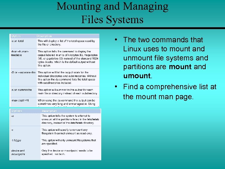 Mounting and Managing Files Systems • The two commands that Linux uses to mount