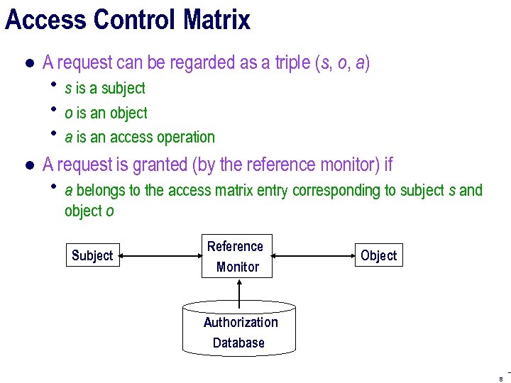 Access Control Matrix ● A request can be regarded as a triple (s, o,