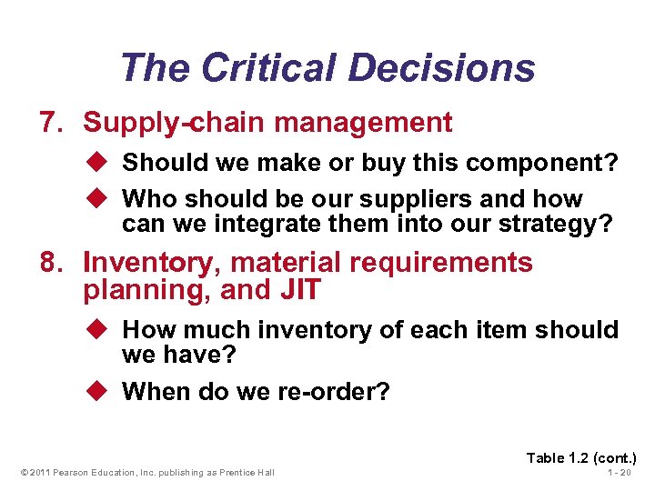 The Critical Decisions 7. Supply-chain management u Should we make or buy this component?