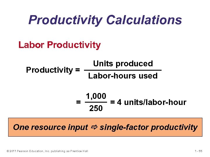 Productivity Calculations Labor Productivity Units produced Productivity = = Labor-hours used 1, 000 250