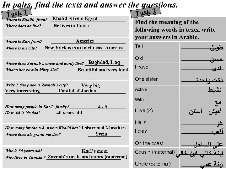 In pairs, find the texts and answer the questions. 1 Task. Khalid from? Where